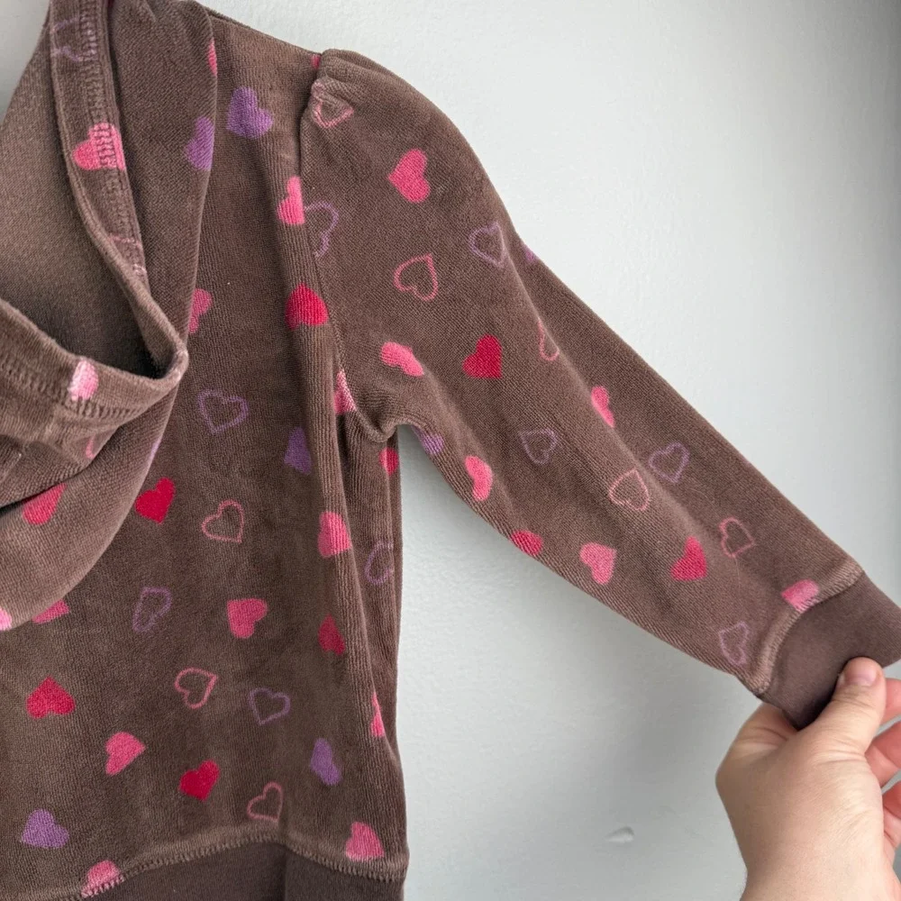OshKosh 3T‎ Brown Velour Heart Hoodie Zip Up Y2K Toddler Jacket Girls
